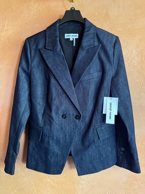 DKNY Jeans NWT Double Breasted Blazer Dark Wash Denim Look Jacket Size 10